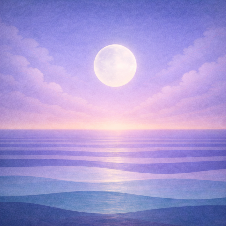 Minimalist blue-hour seascape with a slightly faded moon, softened clouds in a lilac-periwinkle sky, layered teal and sea-glass waves, and a restrained peach-tinted. Representing the quiet calm confidence of Beaming Bernie post Behind Is a Feeling, Not a Fact — What Comparison Does to Capability