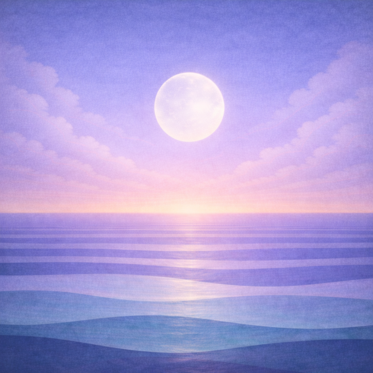 Minimalist early-dawn seascape with a softened, receding moon, calm gradients and gentle cloud edges, layered teal and sea-glass waves, and a slightly brighter horizon glow; paper grain and soft vignette Representing the quiet calm confidence of Beaming Bernie Post Catch-Up Creates Panic — Return Creates Progress