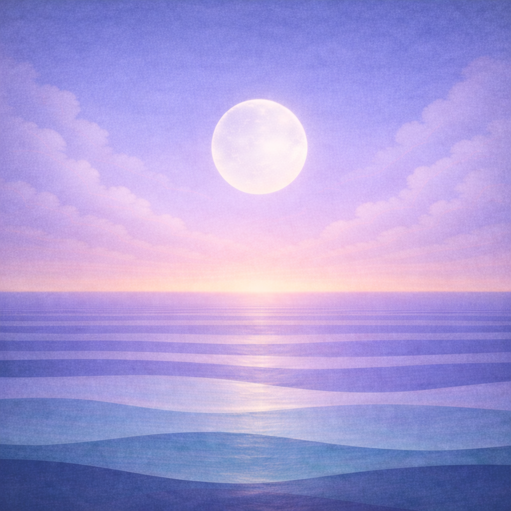 Minimalist early-dawn seascape with a softened, receding moon, calm gradients and gentle cloud edges, layered teal and sea-glass waves, and a slightly brighter horizon glow; paper grain and soft vignette Representing the quiet calm confidence of Beaming Bernie Post Catch-Up Creates Panic — Return Creates Progress