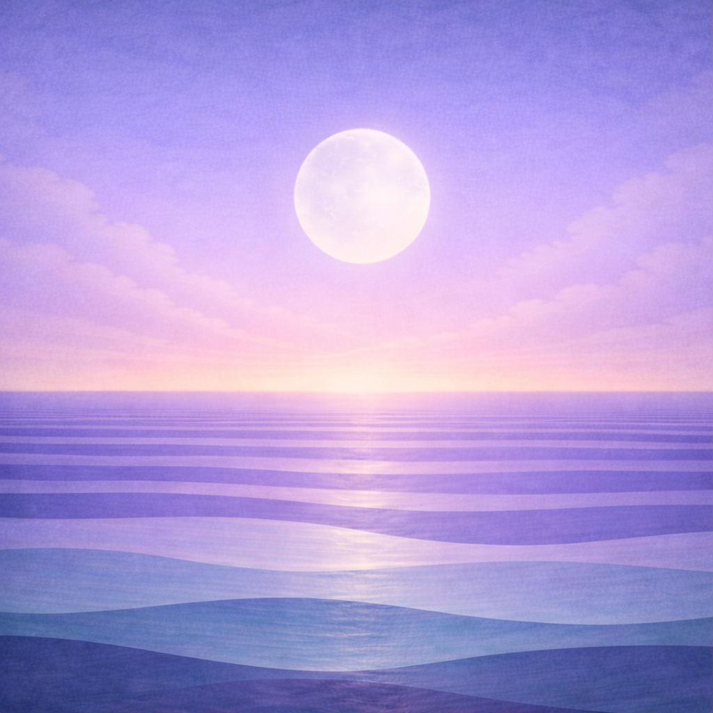 Minimalist dawn seascape with a softened translucent moon, a more open lilac-periwinkle sky with fewer clouds, layered teal and sea-glass waves, and a quiet horizon glow; paper texture and vignette. Representing the quiet calm confidence in Beaming Bernie Post The Week I Stopped Proving and Started Building Capability