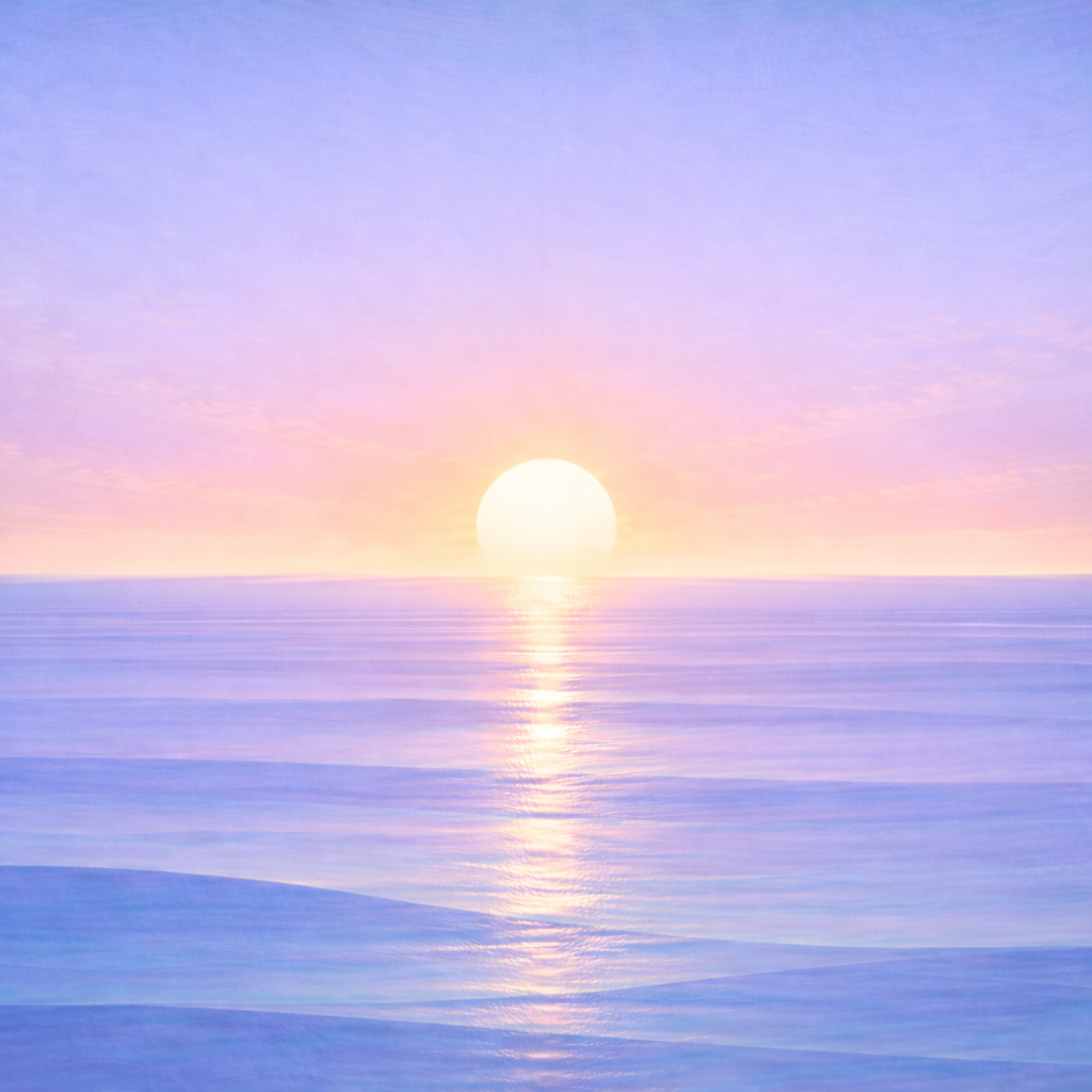 Beaming Bernie — a calm bay-hint seascape in warm end-spring light, reflecting the post’s intent: a quieter identity shift through how you return.