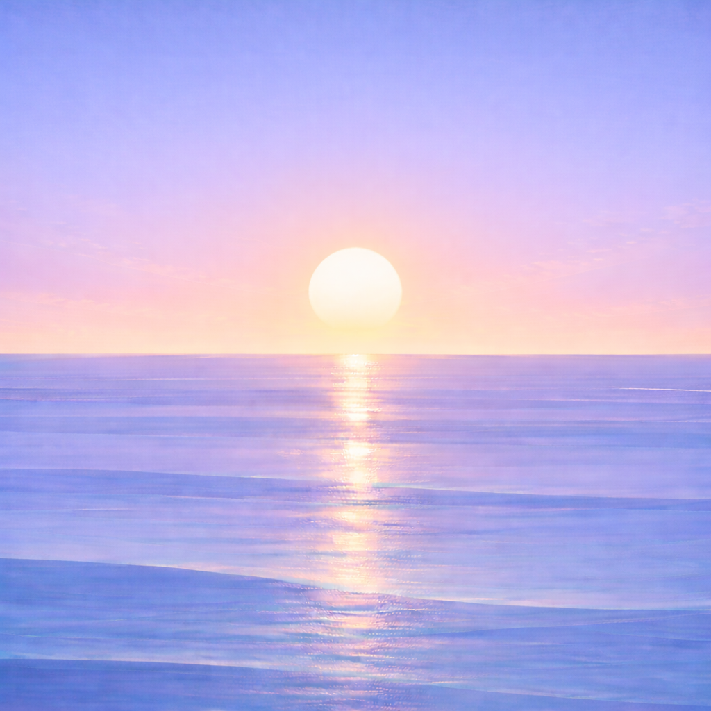 Beaming Bernie — a brighter end-spring horizon over calm sea-glass waves, reflecting the post’s intent: integrating repetition into a repeatable routine.