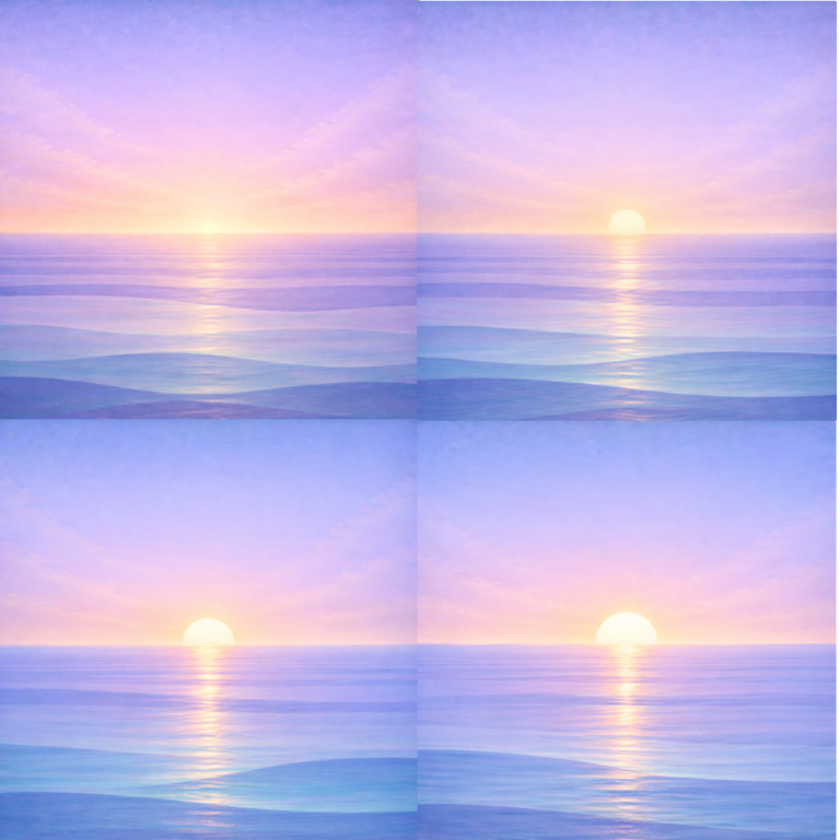 A soft sunrise emerges over a calm, layered sea, with light gradually strengthening across the horizon and reflecting gently on the water. Shown across four panels the image shows how change begins with intention but only holds when there is a steady, repeatable way to return and continue.