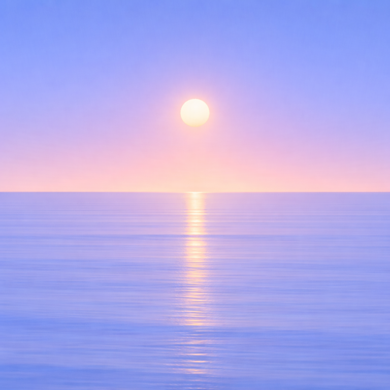 Minimalist seascape with a softly glowing sun resting above a perfectly flat horizon, its short, gentle reflection close beneath it on a smooth, unified blue ocean under a calm summer sky — evoking reassurance, return, and a steadier way to come back rather than start again.
