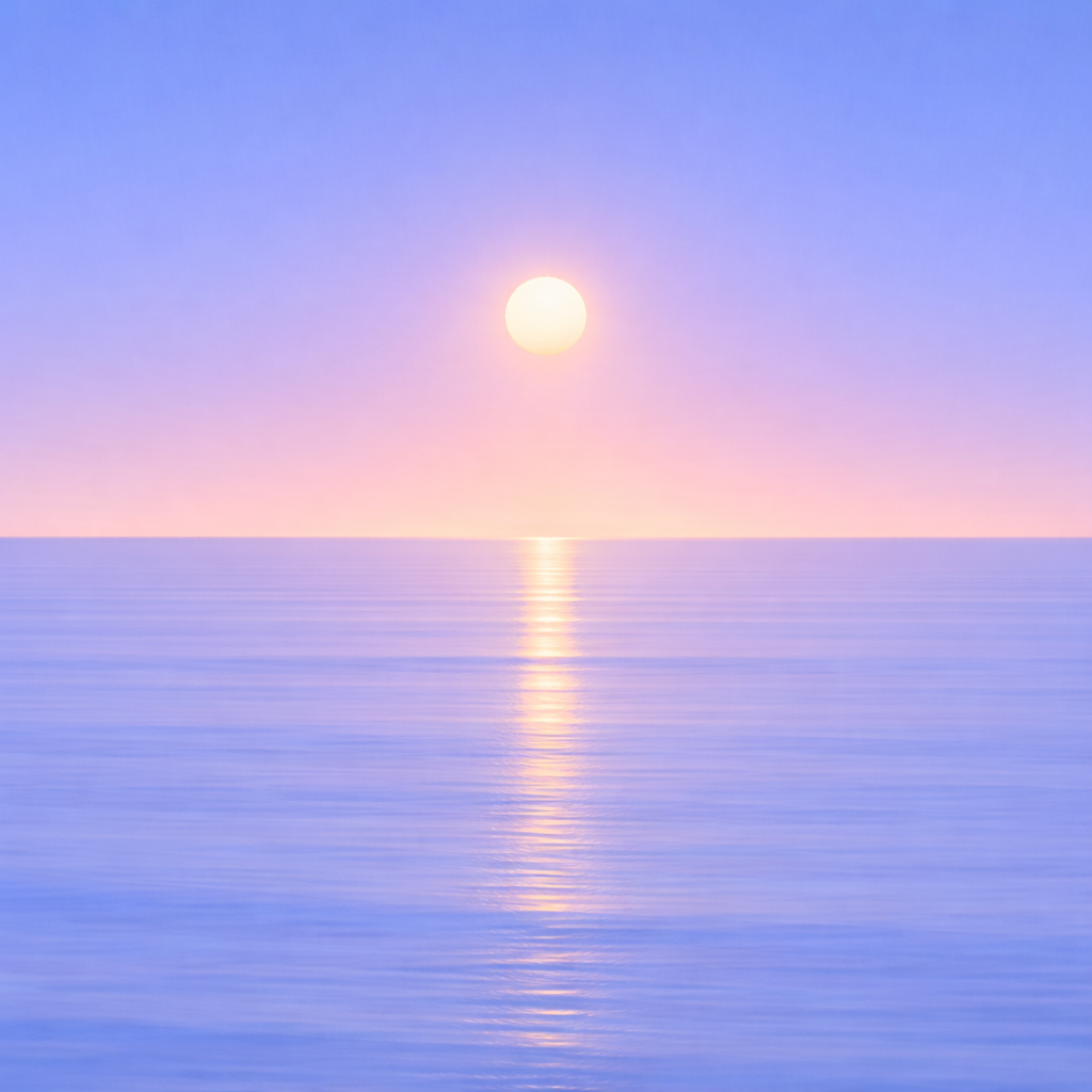 Minimalist seascape with a softly glowing sun resting above a perfectly flat horizon, its short, gentle reflection close beneath it on a smooth, unified blue ocean under a calm summer sky — evoking reassurance, return, and a steadier way to come back rather than start again.