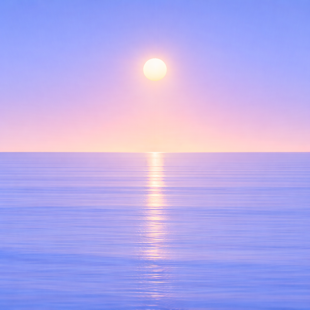 Minimalist seascape with a softly glowing sun resting above a perfectly flat horizon, its short, diffused reflection close beneath it on a smooth, unified blue ocean under a calm summer sky — evoking steadiness, flexibility, and a version that still counts even when the day doesn’t go to plan.