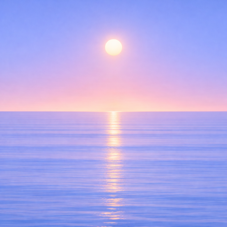 Minimalist abstract seascape at sunrise with a soft, steady sun fixed above a flat horizon, casting a gentle, elongated reflection across a calm, smoothed ocean surface. Subtle, low-contrast bands and an even sky evoke a quiet sense of returning—imperfectly but consistently—without intensity.