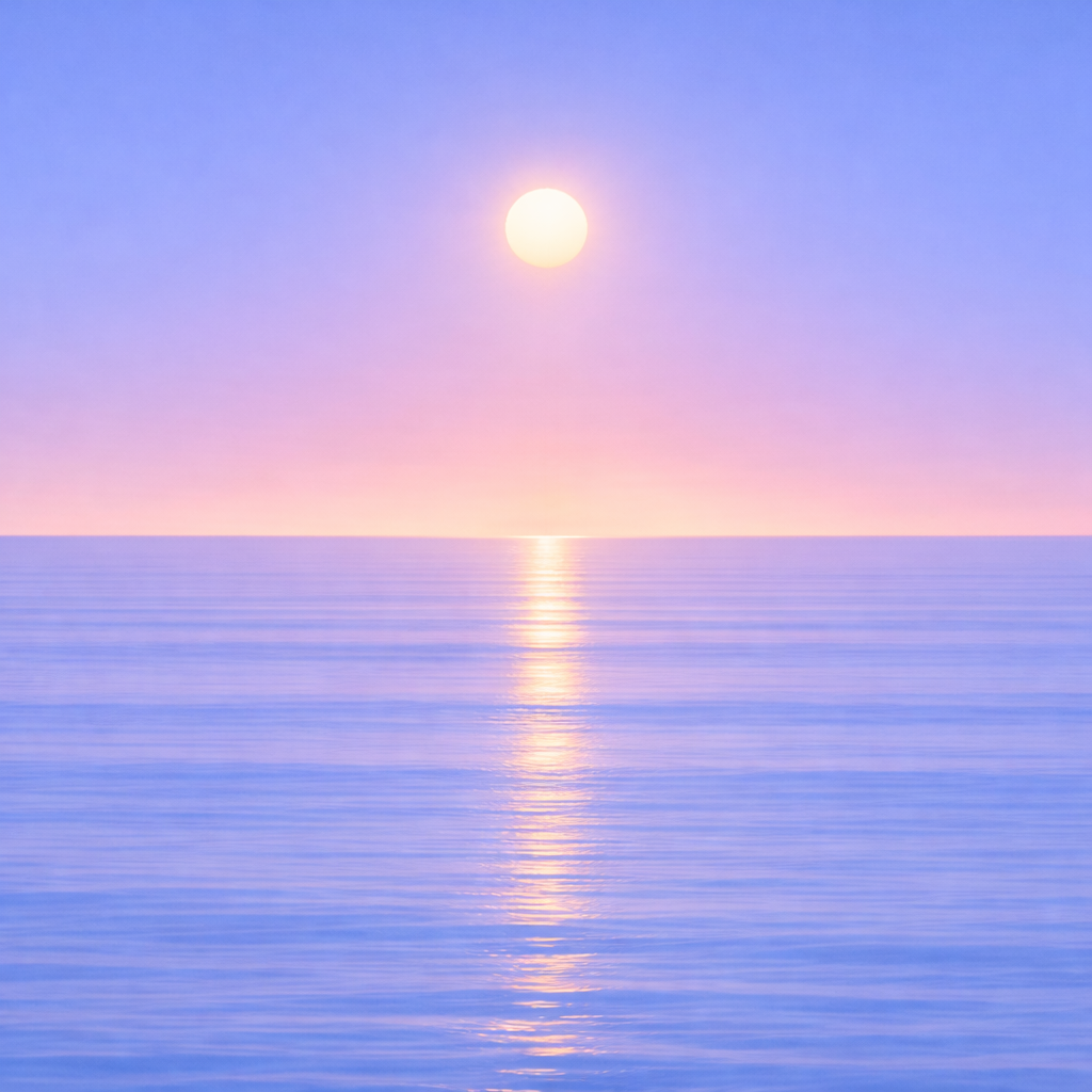 Minimalist abstract seascape at sunrise with a soft, steady sun fixed above a flat horizon, casting a gentle, elongated reflection across a calm, smoothed ocean surface. Subtle, low-contrast bands and an even sky evoke a quiet sense of returning—imperfectly but consistently—without intensity.