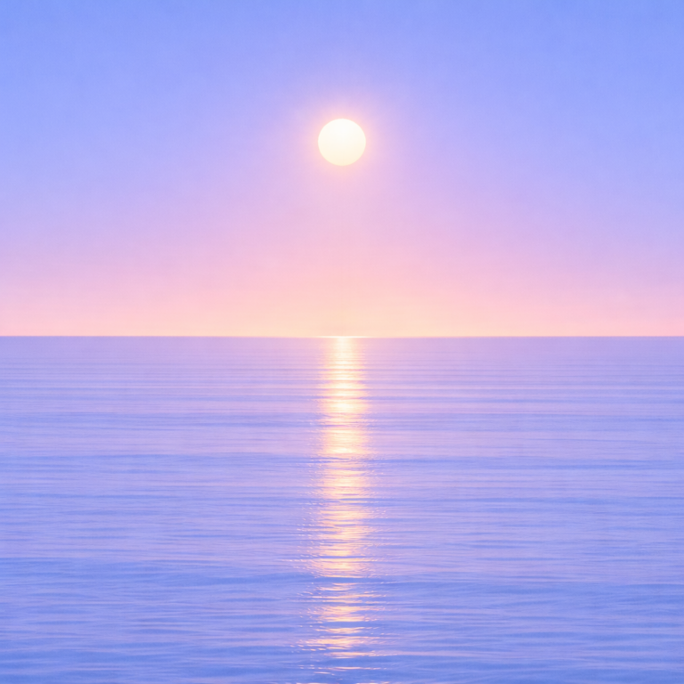 Minimalist abstract seascape at sunrise with a steady sun fixed above a flat horizon, its softened, centred reflection gently fading across a smooth, unified ocean surface. Subtle, blended layers and an even sky convey quiet continuity—suggesting progress holds not by restarting, but by staying with what’s already begun.