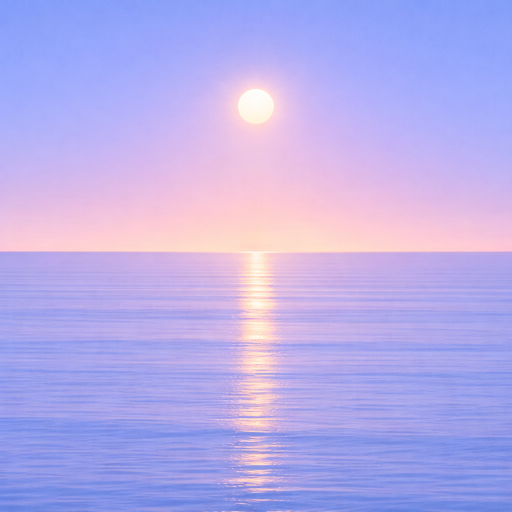 Minimalist abstract seascape at sunrise with a steady sun fixed above a flat horizon, its softened, centred reflection gently fading across a smooth, unified ocean surface. Subtle, blended layers and an even sky convey quiet continuity—suggesting progress holds not by restarting, but by staying with what’s already begun.