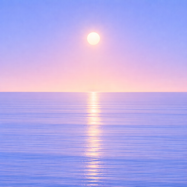 Minimalist abstract seascape at sunrise with a soft, steady sun above a flat horizon, its diffused reflection gently blending into a smooth, unified ocean surface. Subtle, evenly balanced tones and softened transitions suggest a calm return—moving forward without needing a clean slate.