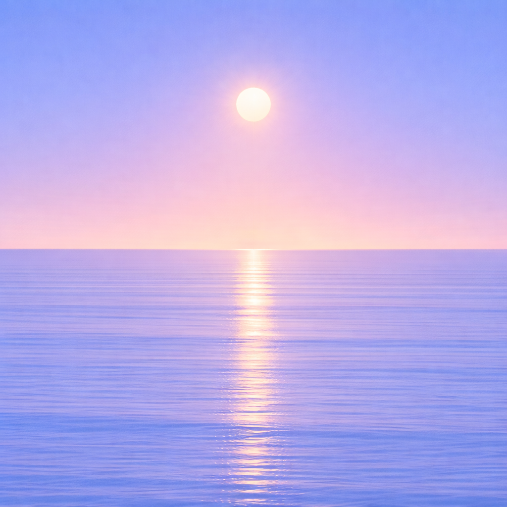 Minimalist abstract seascape at sunrise with a soft, steady sun above a flat horizon, its diffused reflection gently blending into a smooth, unified ocean surface. Subtle, evenly balanced tones and softened transitions suggest a calm return—moving forward without needing a clean slate.