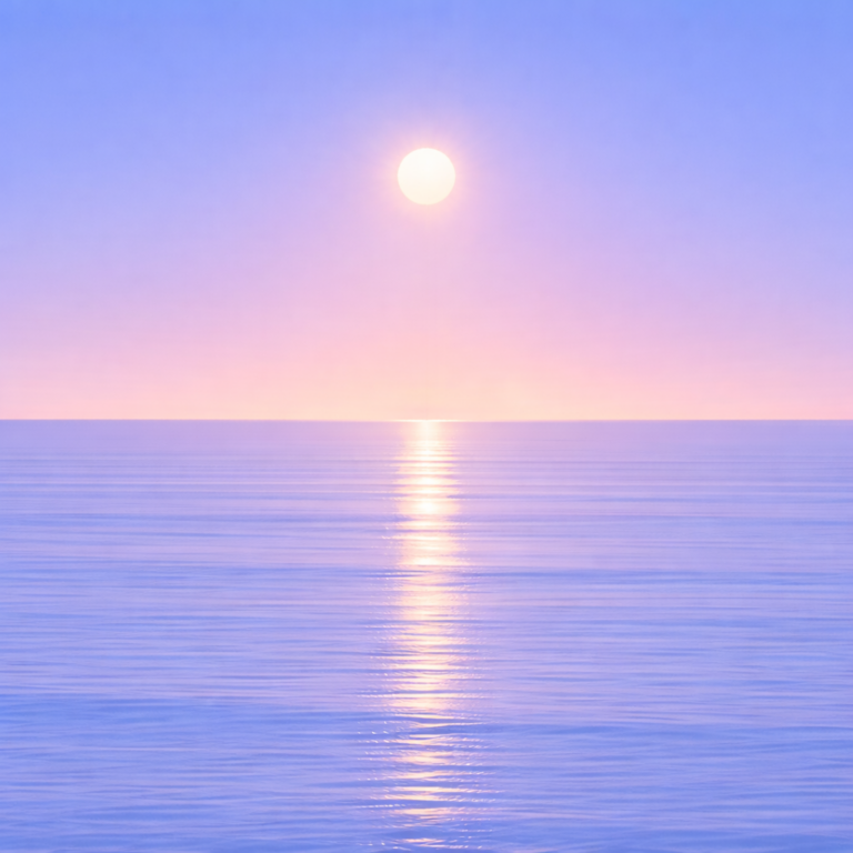 Minimalist abstract seascape at sunrise with a soft, steady sun above a perfectly flat horizon, its faint, diffused reflection blending gently into a smooth, simplified ocean surface. Subtle, unified tones and minimal layering evoke quiet continuation—moving forward by staying with what’s already in motion, rather than starting over.