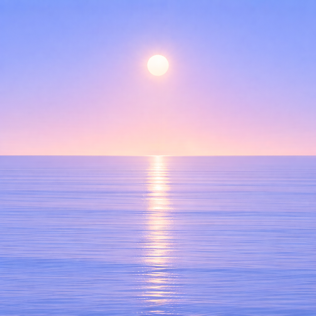 Minimalist abstract seascape at sunrise with a soft, steady sun above a perfectly flat horizon, its faint, diffused reflection blending gently into a smooth, simplified ocean surface. Subtle, unified tones and minimal layering evoke quiet continuation—moving forward by staying with what’s already in motion, rather than starting over.