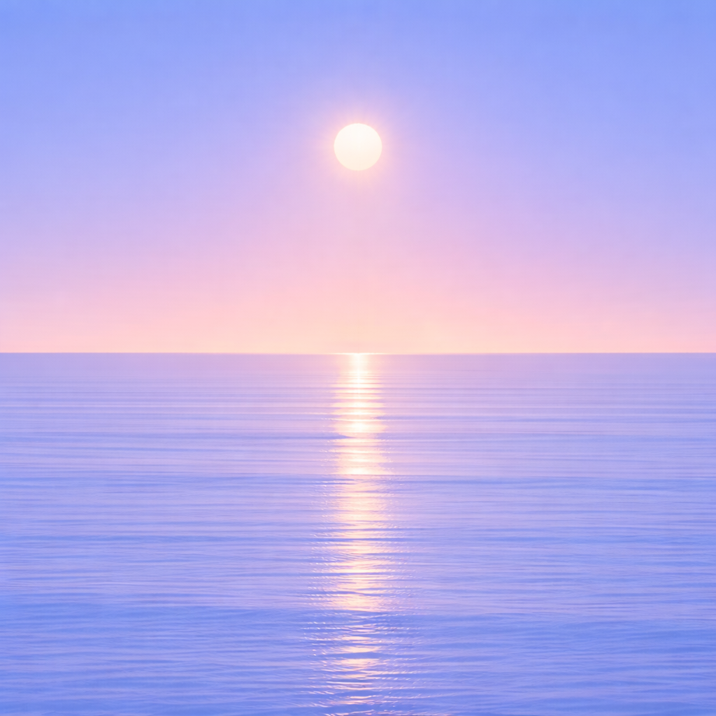 Minimalist abstract seascape at sunrise with a soft, steady sun above a flat horizon, its shortened, diffused reflection resting gently beneath it. The ocean appears smooth and continuous with minimal contrast, evoking a calm but honest sense of something not yet built to hold when pressure rises.