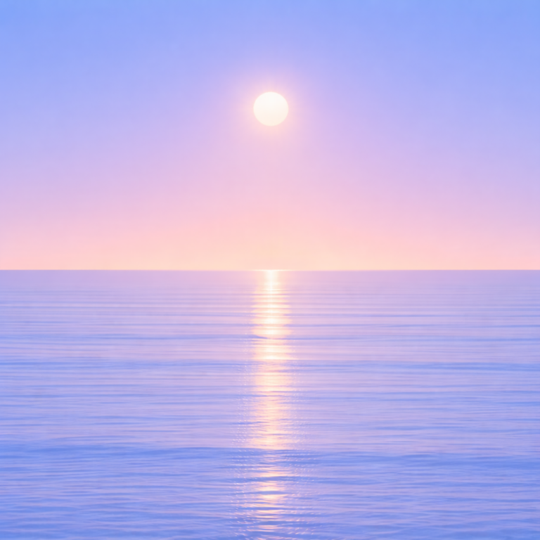 A calm, minimalist seascape with the sun lifted higher in a soft pastel sky, casting a more focused, continuous reflection across gently structured ocean bands — capturing steadiness and quiet continuity even when conditions feel unsettled.