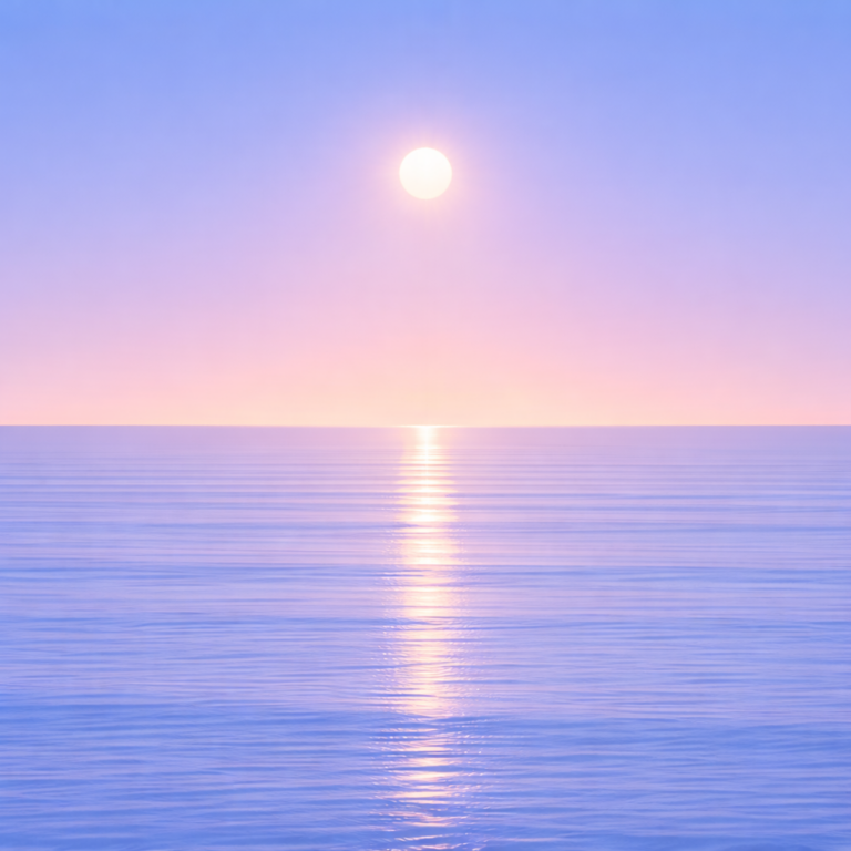 A calm, minimalist seascape with the sun held higher in a clear, steady sky, its reflection forming a more continuous, contained path across gently structured ocean bands — reflecting consistency that remains in place even as everything else shifts.