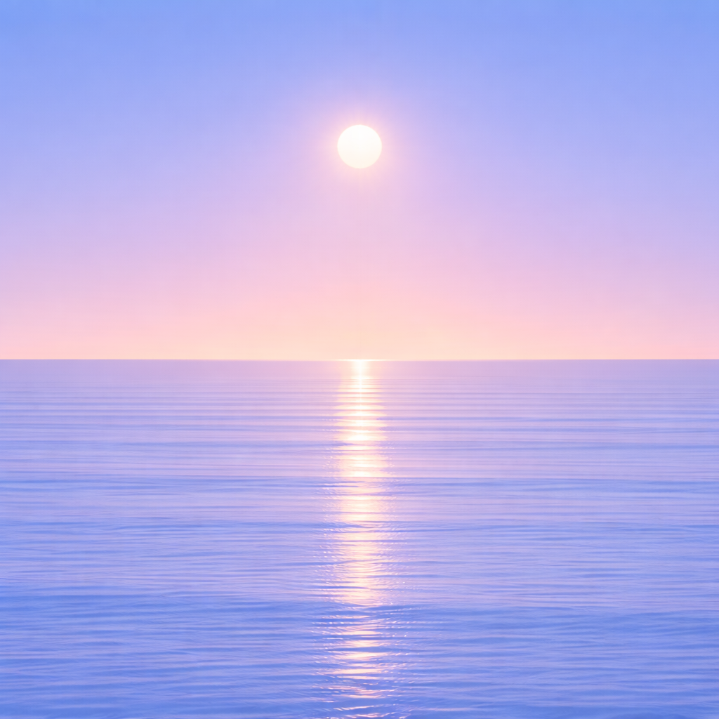 A calm, minimalist seascape with the sun held higher in a clear, steady sky, its reflection forming a more continuous, contained path across gently structured ocean bands — reflecting consistency that remains in place even as everything else shifts.