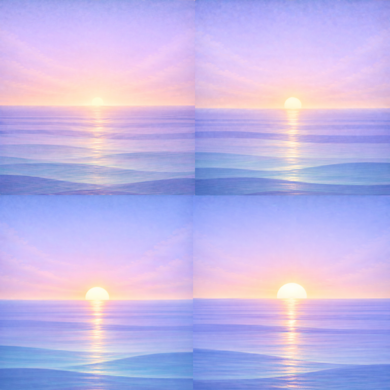 Soft sunrise over a calm, layered ocean, shown across four panels with the sun at slightly different positions above a flat horizon. The gentle progression of light reflects gradual change and variation, rather than a single fixed approach