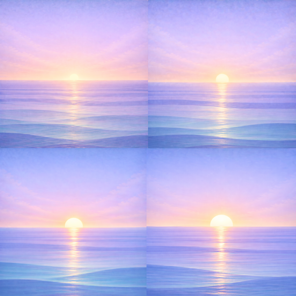 Soft sunrise over a calm, layered ocean, shown across four panels with the sun at slightly different positions above a flat horizon. The gentle progression of light reflects gradual change and variation, rather than a single fixed approach
