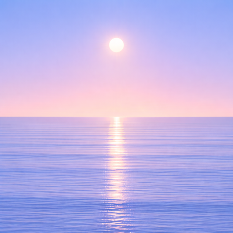 A minimalist seascape with the sun lifted slightly higher into a clearer, more uniform sky, its reflection now compact and controlled across finely structured, rhythmic ocean bands — reflecting stability that holds with quiet precision as consistency becomes embedded.