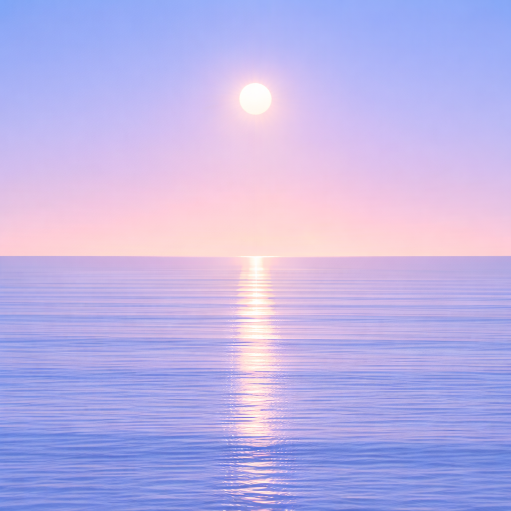 A minimalist seascape with the sun lifted slightly higher into a clearer, more uniform sky, its reflection now compact and controlled across finely structured, rhythmic ocean bands — reflecting stability that holds with quiet precision as consistency becomes embedded.
