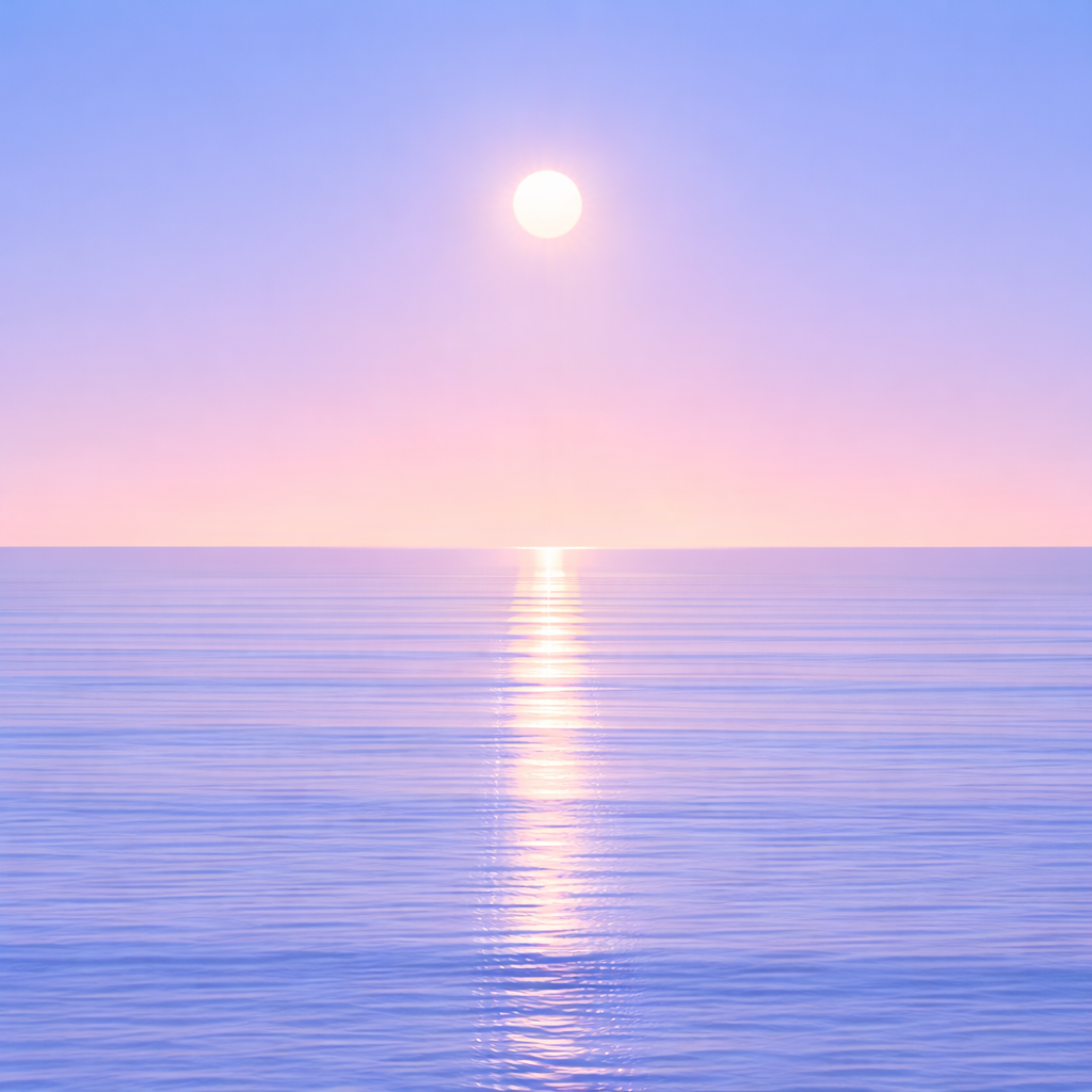A minimalist seascape with the sun at its highest point in the sequence, set in a clean, stable sky, its light reflected in a narrow, centred path across clearly defined yet calm ocean bands — reflecting something steady you can return to, even when everything else shifts.