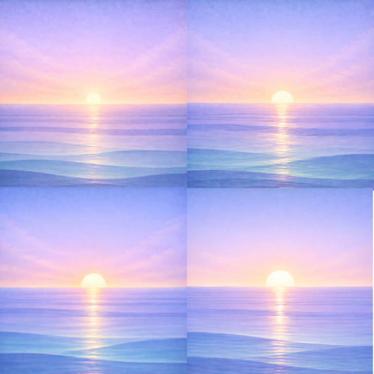 Four-panel sunrise over a calm, layered ocean, with the sun sitting progressively higher above a flat horizon in each frame. The steady rise of light suggests early progress that looks promising, while the repeated structure reflects how change can appear to be working before it is fully established to last.
