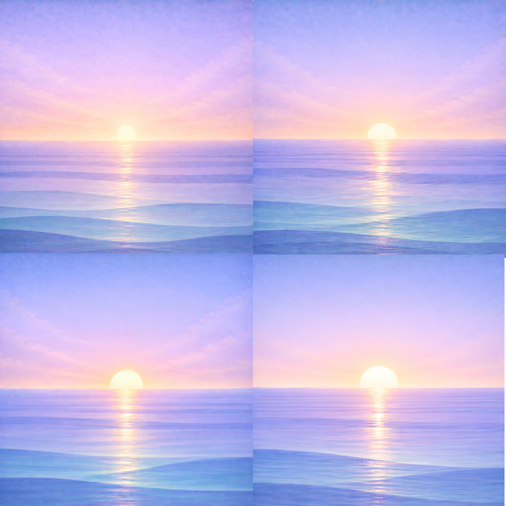 Four-panel sunrise over a calm, layered ocean, with the sun sitting progressively higher above a flat horizon in each frame. The steady rise of light suggests early progress that looks promising, while the repeated structure reflects how change can appear to be working before it is fully established to last.