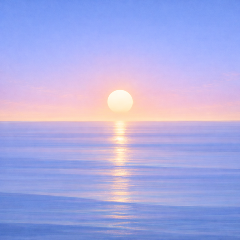 Minimalist seascape with a softly rising sun just above a flat horizon, its narrowed reflection resting gently on calm, layered water beneath a more uniform blue sky — symbolising continuity, adaptation, and a version that still holds even when the full plan doesn’t happen.