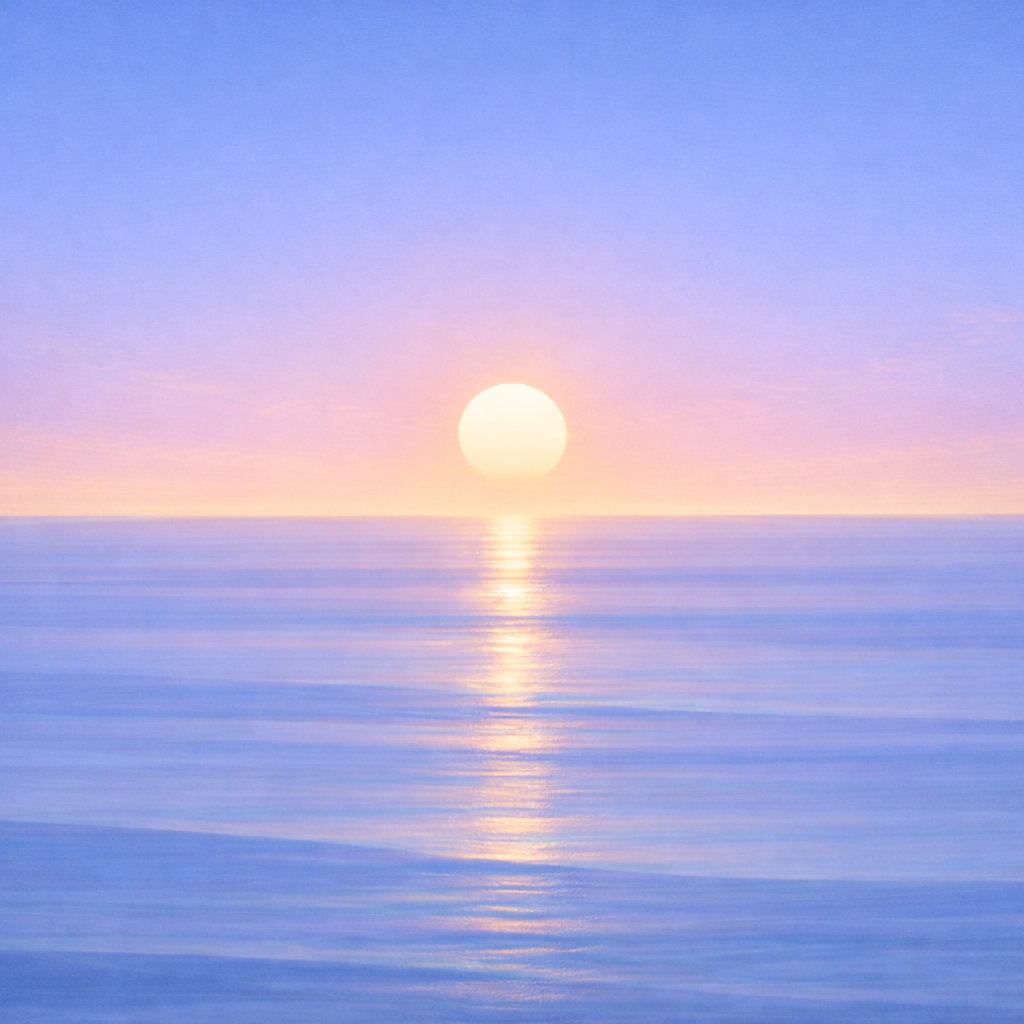Minimalist seascape with a softly rising sun just above a flat horizon, its narrowed reflection resting gently on calm, layered water beneath a more uniform blue sky — symbolising continuity, adaptation, and a version that still holds even when the full plan doesn’t happen.