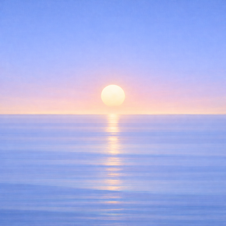 Minimalist seascape with a softly rising sun just above a flat horizon, its narrowed reflection resting gently on calm, layered water beneath a more uniform blue sky — symbolising continuity, adaptation, and a version that still holds even when the full plan doesn’t happen.