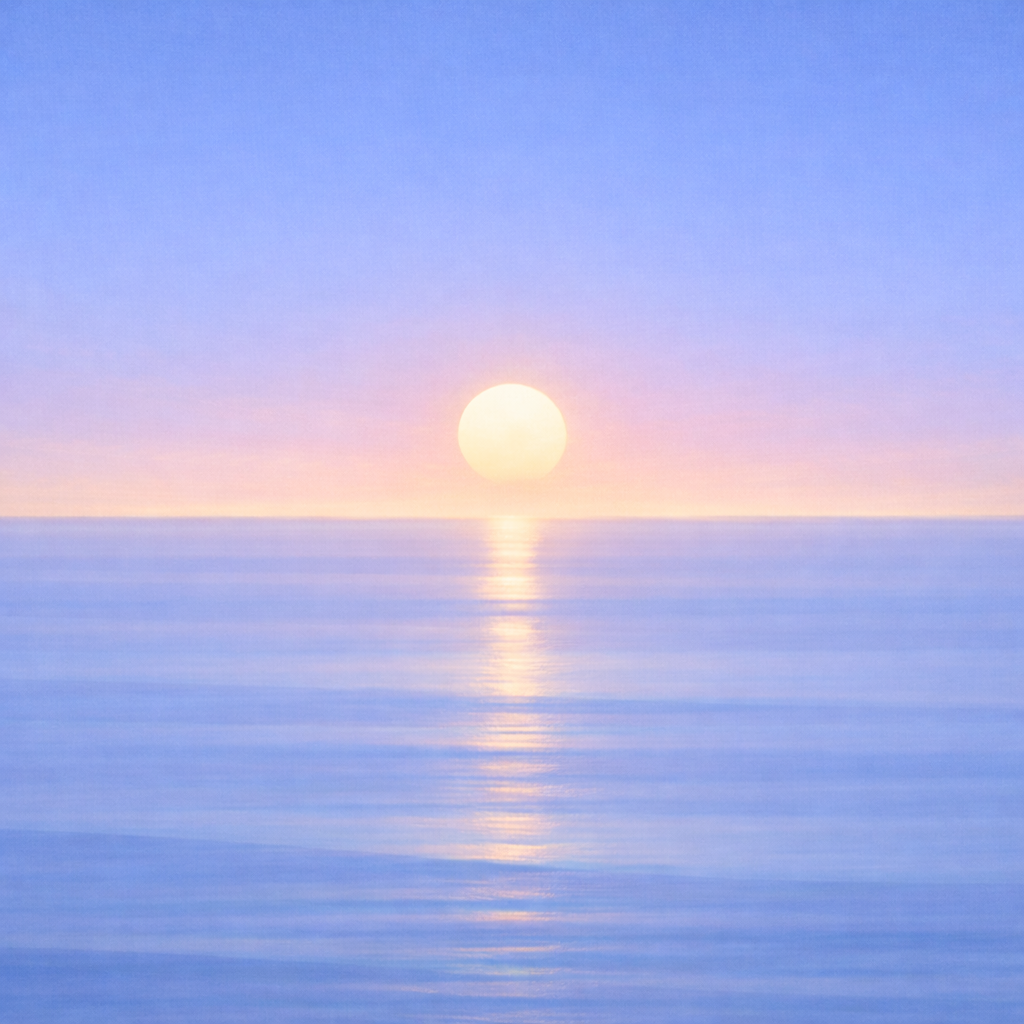 Minimalist seascape with a softly rising sun just above a flat horizon, its narrowed reflection resting gently on calm, layered water beneath a more uniform blue sky — symbolising continuity, adaptation, and a version that still holds even when the full plan doesn’t happen.