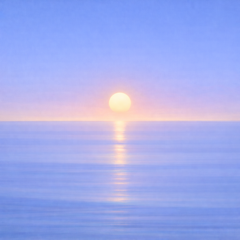 Minimalist seascape with a softly suspended sun above a flat horizon, its diffused reflection gently blending into smooth, even-toned blue water beneath a calm, unified sky — evoking steadiness, continuity, and something you can return to and stay with over time.