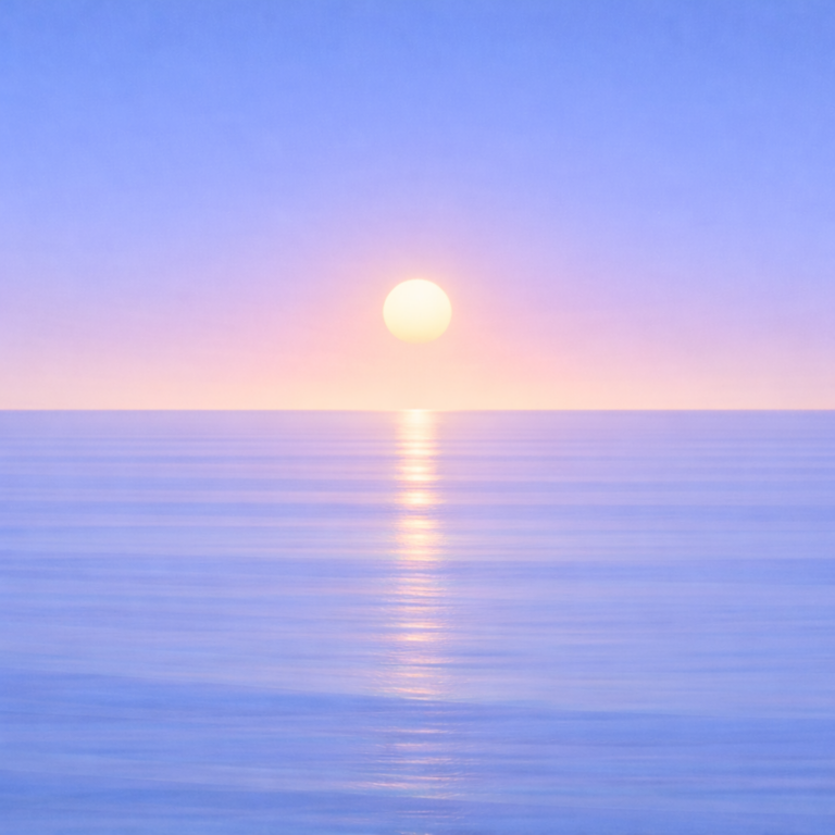 Minimalist seascape with a softly lifted sun above a perfectly flat horizon, its compact, diffused reflection resting gently on a smooth, unified blue ocean beneath a clear early-summer sky — evoking quiet exposure, hesitation, and the subtle courage required to begin.