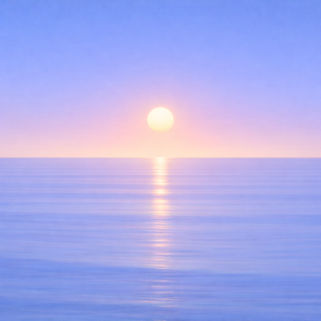 Minimalist seascape with a softly lifted sun above a perfectly flat horizon, its compact, diffused reflection resting gently on a smooth, unified blue ocean beneath a clear early-summer sky — evoking quiet exposure, hesitation, and the subtle courage required to begin.