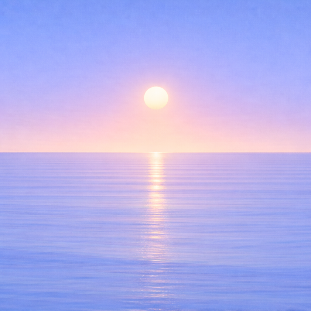 Minimalist seascape with a softly glowing sun held just above a flat horizon, its gently diffused reflection blending into smooth, continuous blue water beneath a calm, even-toned sky — evoking a quiet, low-pressure beginning that doesn’t need to be made into a moment