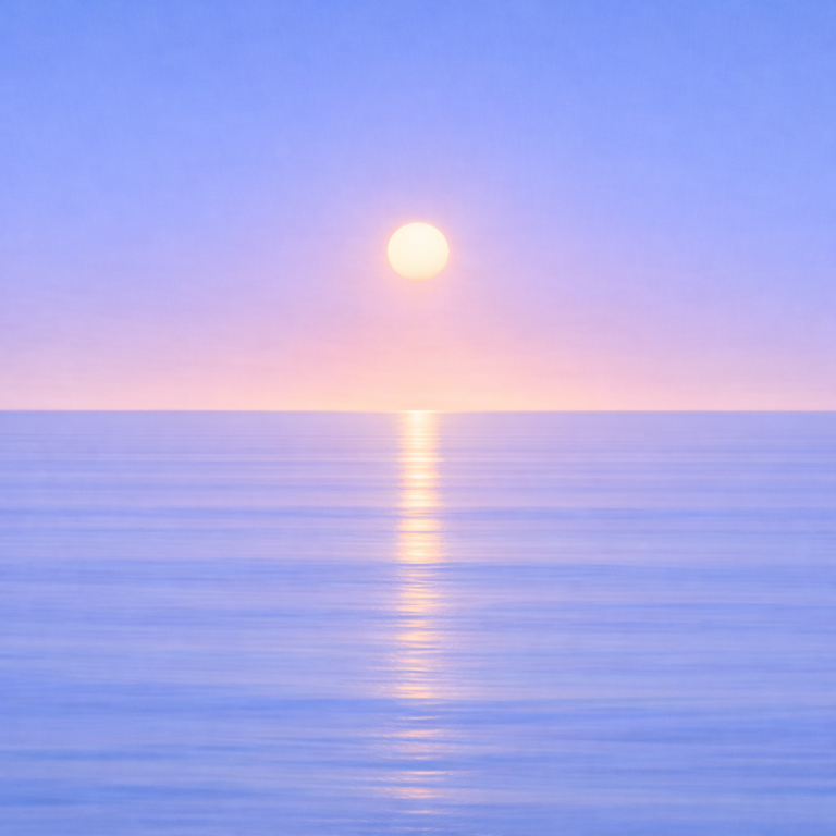 Minimalist seascape with a softly glowing sun held above a perfectly flat horizon, its short, diffused reflection resting quietly on a smooth, unified blue ocean beneath a clean summer sky — evoking calm continuity and a quiet start that holds without needing to be made into a big moment.