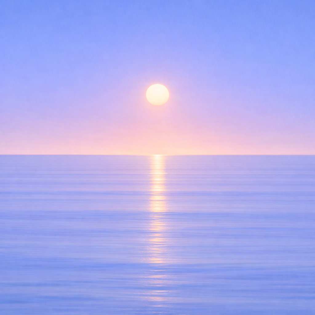 Minimalist seascape with a softly glowing sun held above a perfectly flat horizon, its short, diffused reflection resting quietly on a smooth, unified blue ocean beneath a clean summer sky — evoking calm continuity and a quiet start that holds without needing to be made into a big moment.