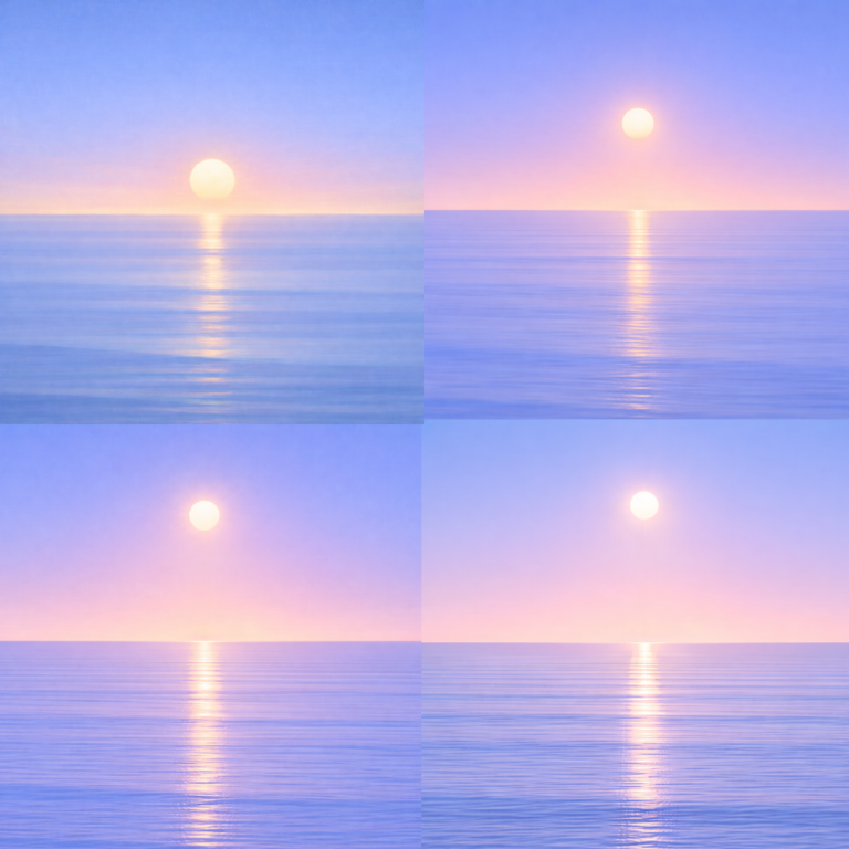 Minimalist four-panel seascape showing a softly glowing sun gradually rising above a perfectly flat horizon, its reflection strengthening across a calm blue ocean beneath a tranquil summer sky — evoking the Beaming Blog about the difference between repeatedly starting over and creating a rhythm that remains available when life interrupts.