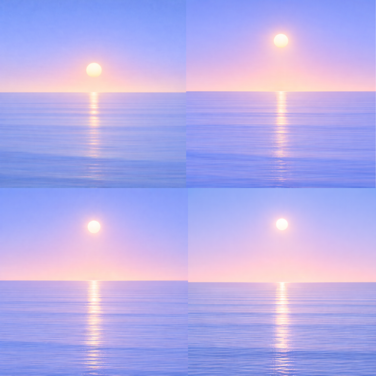 Minimalist four-panel seascape showing a softly glowing sun gradually rising above a perfectly flat horizon, its reflection strengthening across a calm blue ocean beneath a tranquil summer sky — evoking the Beaming Blog about the moment consistency becomes less dependent on motivation and begins to feel stable enough to return to.