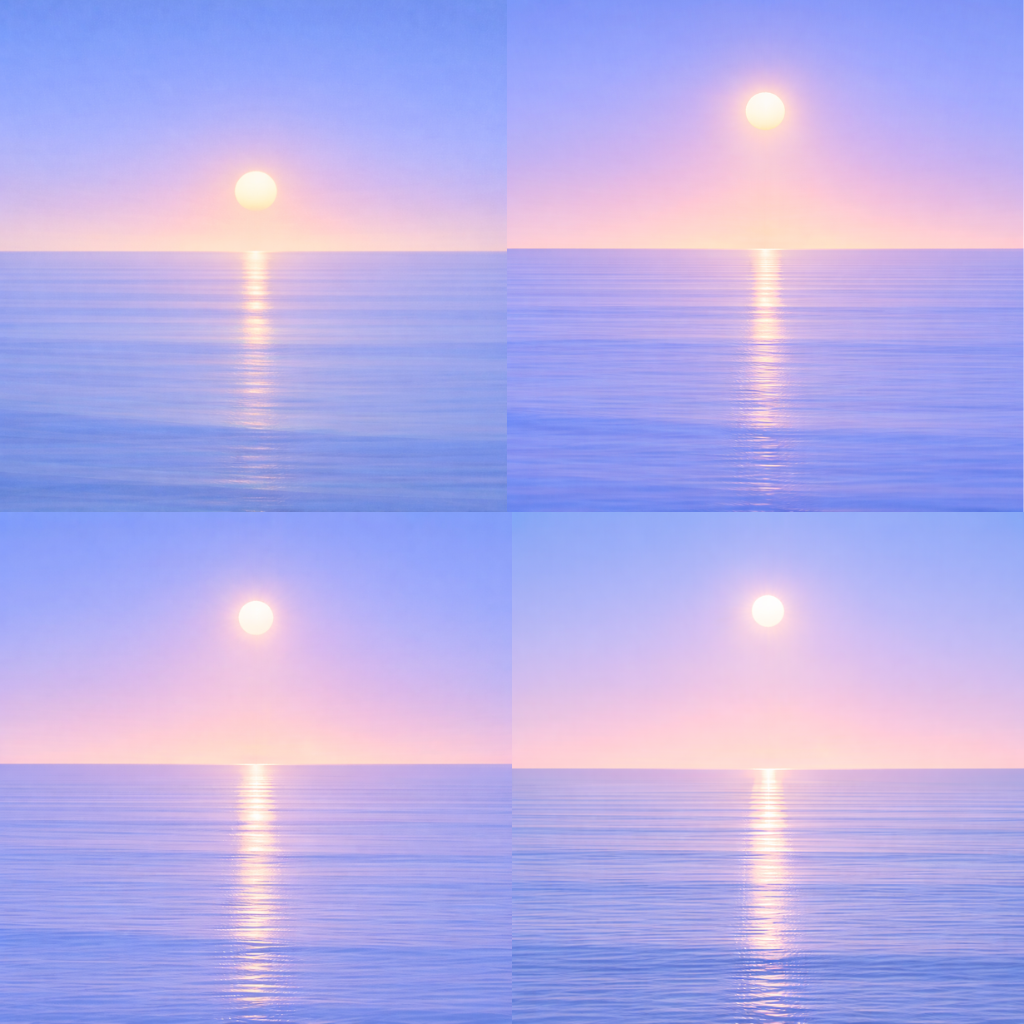 Minimalist four-panel seascape showing a softly glowing sun gradually rising above a perfectly flat horizon, its reflection strengthening across a calm blue ocean beneath a tranquil summer sky — evoking the Beaming Blog about the moment consistency becomes less dependent on motivation and begins to feel stable enough to return to.