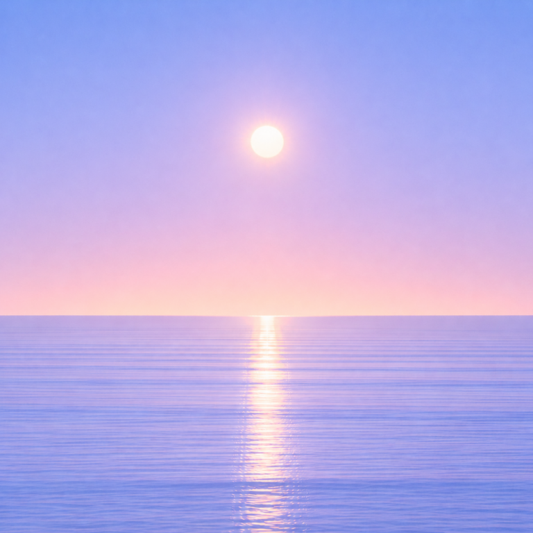 Minimalist seascape with a softly glowing sun suspended above a perfectly flat horizon, its luminous reflection stretching across a calm blue ocean beneath a tranquil summer sky — evoking the Beaming Blog about why sustainable progress depends less on the perfect schedule and more on having something you can return to.
