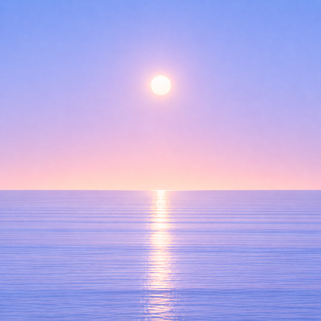 Minimalist seascape with a softly glowing sun suspended above a perfectly flat horizon, its luminous reflection stretching across a calm blue ocean beneath a tranquil summer sky — evoking the Beaming Blog about why sustainable progress depends less on the perfect schedule and more on having something you can return to.