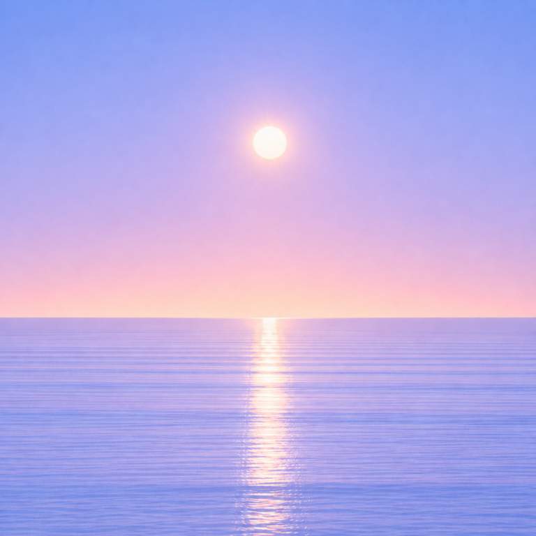Minimalist seascape with a softly glowing sun suspended above a perfectly flat horizon, its luminous reflection stretching across a calm blue ocean beneath a tranquil summer sky — evoking the Beaming Blog about continuing in small ways when time feels scarce and the usual version no longer fits.