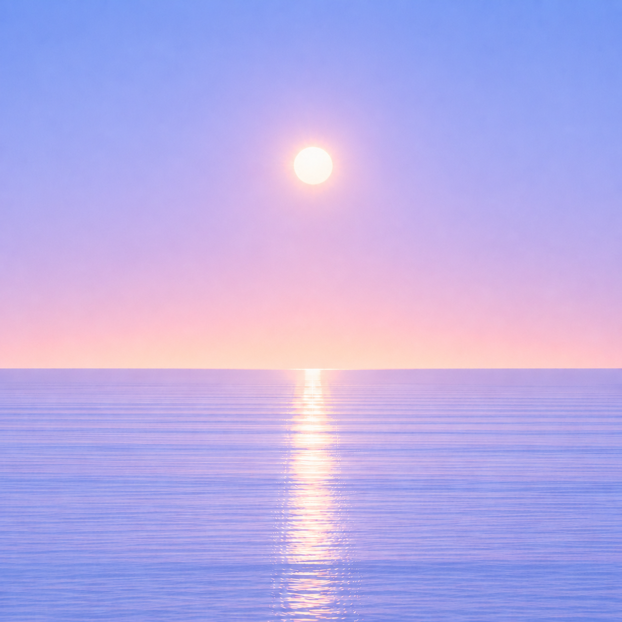 Minimalist seascape with a softly glowing sun suspended above a perfectly flat horizon, its luminous reflection stretching across a calm blue ocean beneath a tranquil summer sky — evoking the Beaming Blog about protecting continuity during weeks where competing demands leave little room for anything else.