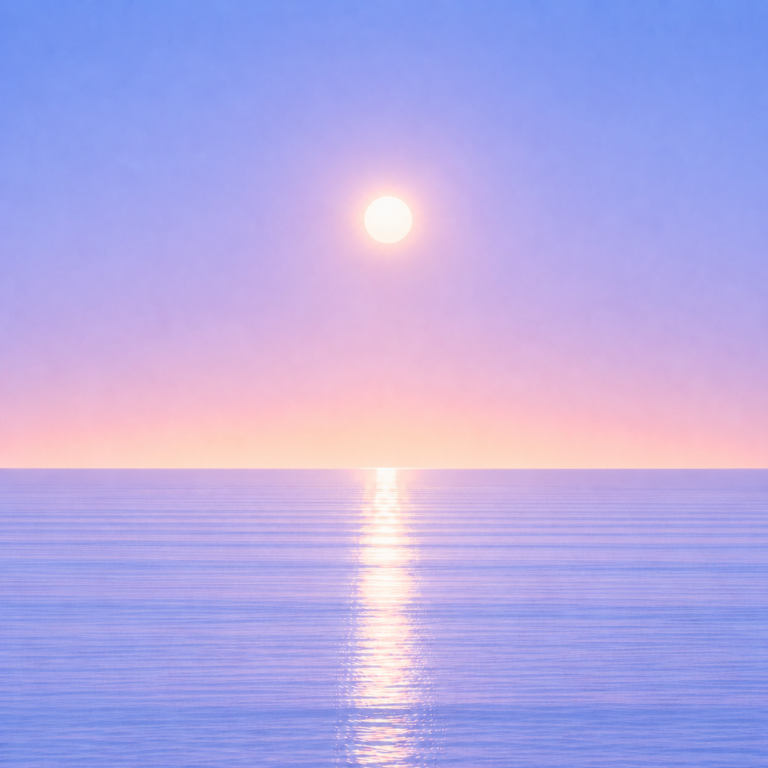 Minimalist seascape with a softly glowing sun suspended above a perfectly flat horizon, its luminous reflection stretching across a calm blue ocean beneath a tranquil summer sky — evoking the Beaming Blog about recognising that a pause or interruption does not mean progress has disappeared.