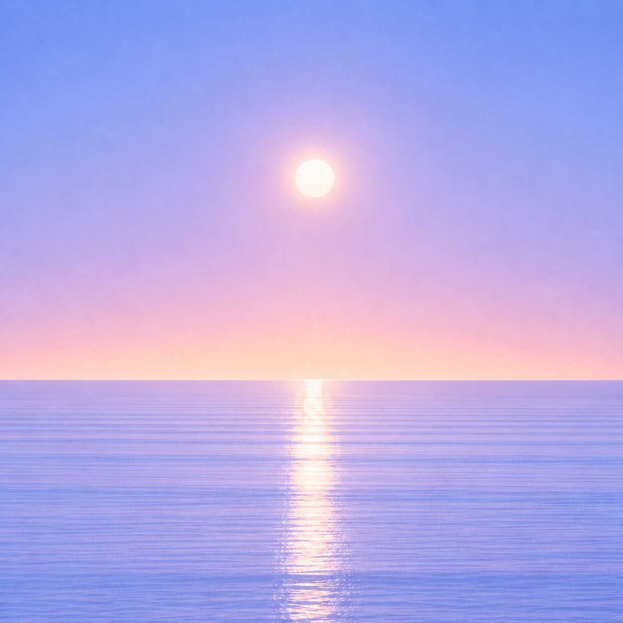 Minimalist seascape with a softly glowing sun suspended above a perfectly flat horizon, its luminous reflection stretching across a calm blue ocean beneath a tranquil summer sky — evoking the Beaming Blog about recognising that a pause or interruption does not mean progress has disappeared.