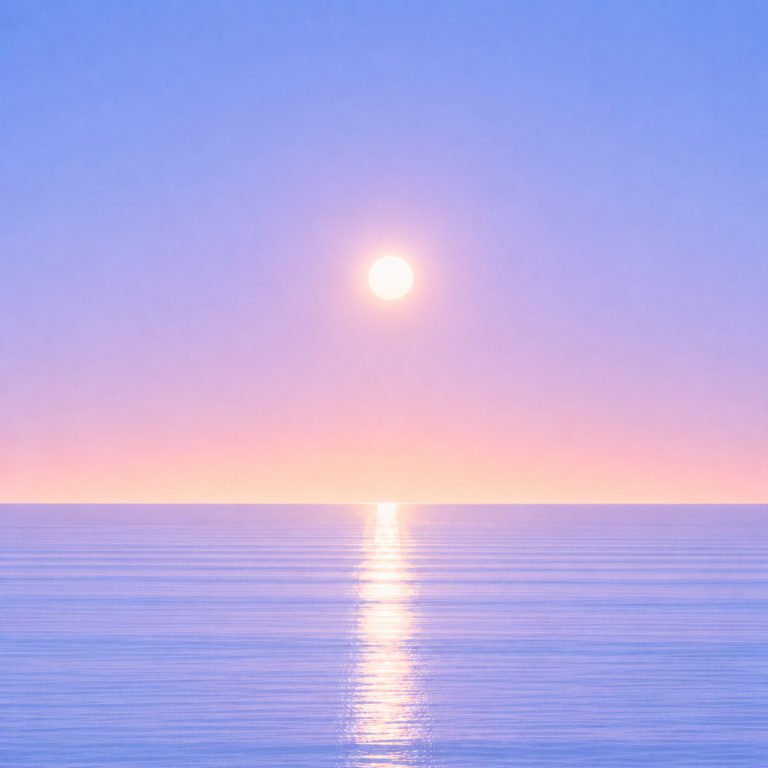 Minimalist seascape with a softly glowing sun suspended above a perfectly flat horizon, its luminous reflection stretching across a calm blue ocean beneath a tranquil summer sky — evoking the Beaming Blog about adapting when familiar routines, environments, or conditions are no longer available.