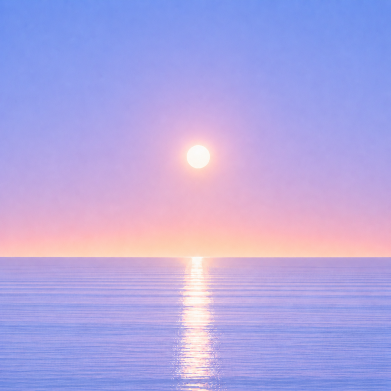 Minimalist seascape with a softly glowing sun suspended above a perfectly flat horizon, its luminous reflection stretching across a calm blue ocean beneath a tranquil summer sky — evoking the Beaming Blog about carrying your rhythm with you even when circumstances, locations, and routines change.